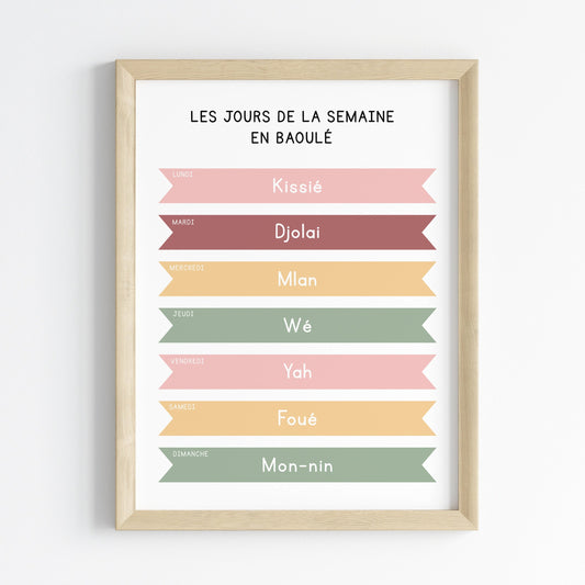 Les jours de la semaine en Baoulé - Affiche 30x40 cm - Baoulé pour es Enfants