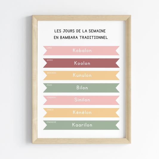 Les jours de la semaine en Bambara Traditionnel - Affiche 30x40 cm - Bambara pour les Enfants