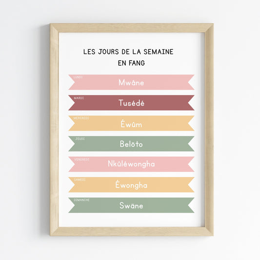 Les jours de la semaine en Fang - Affiche 30x40 cm - Fang pour les Enfants