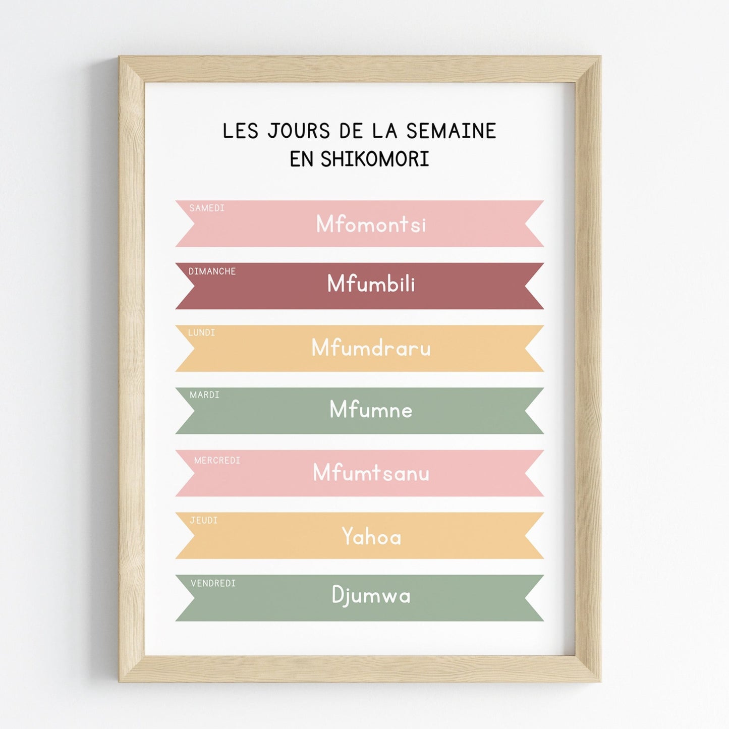 Les jours de la semaine en Shikomori - Affiche 30x40 cm -  Shikomori pour les Enfants