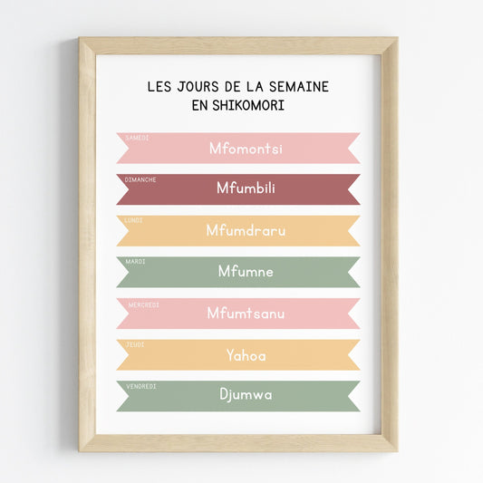 Les jours de la semaine en Shikomori - Affiche 30x40 cm -  Shikomori pour les Enfants