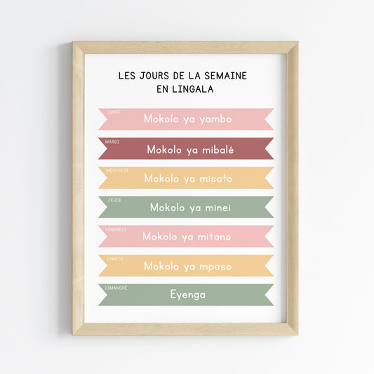 Les jours de la semaine en Lingala - Affiche 30x40 cm - Lingala pour les Enfants