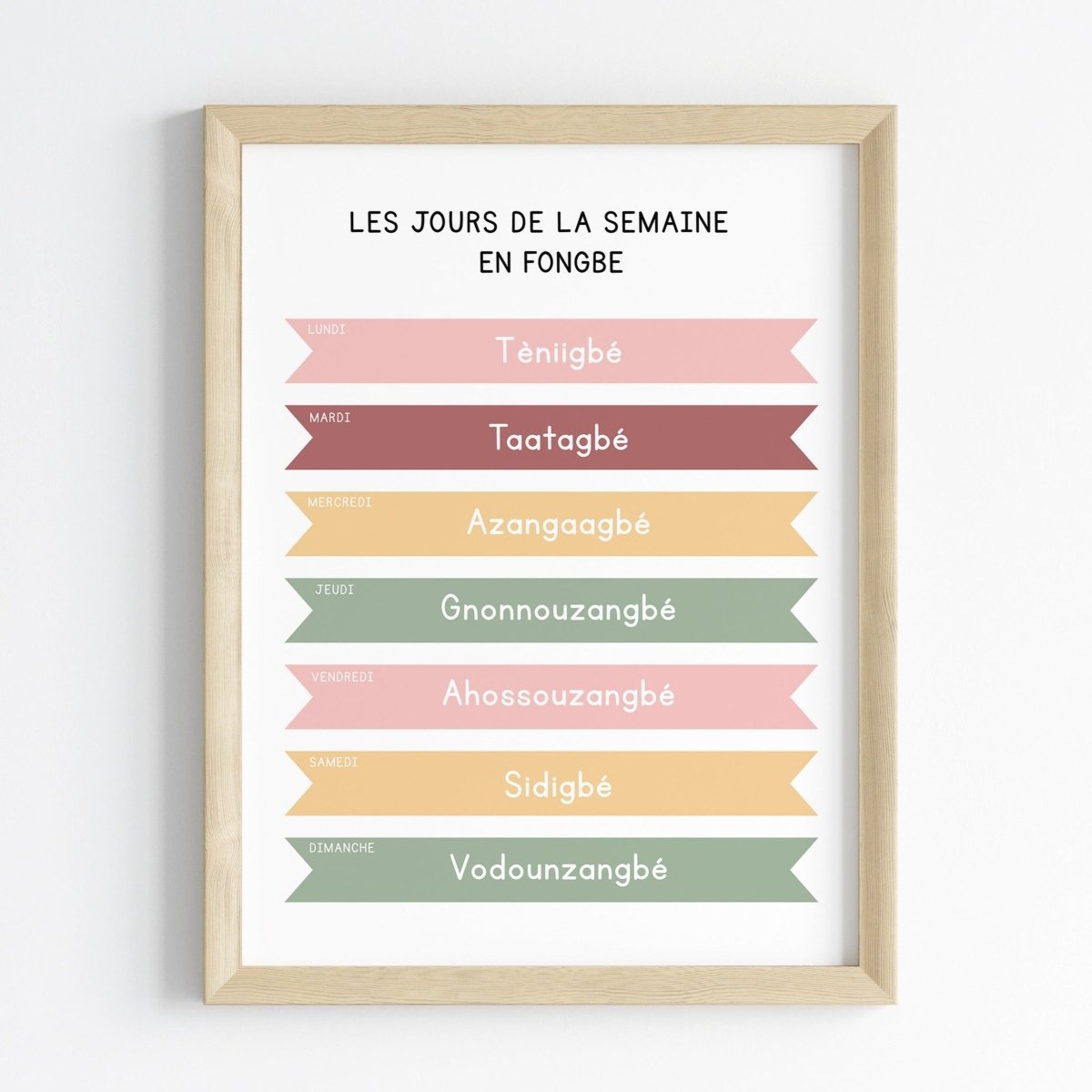 Les jours de la semaine en Fongbe | Affiche décorative enfants