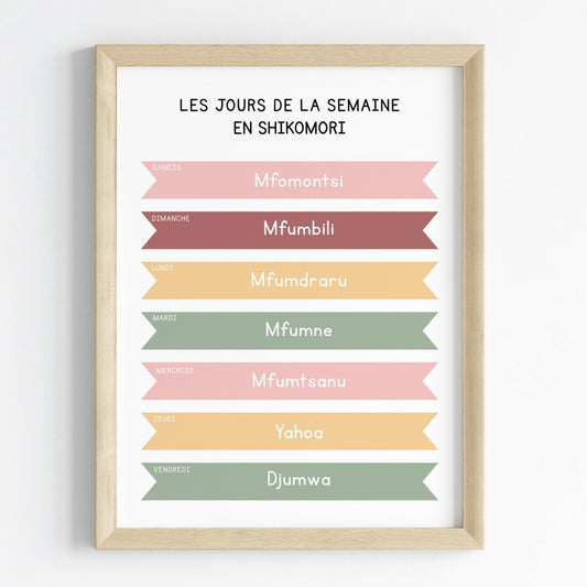 Les jours de la semaine en Shikomori | Affiche décorative enfants